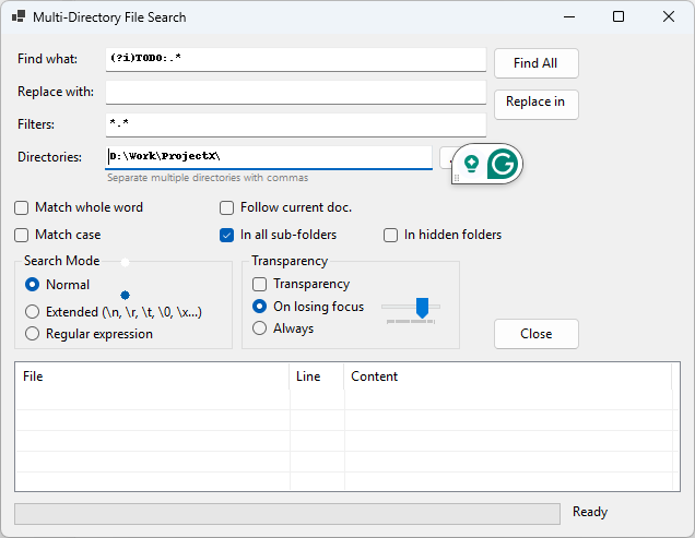 Screenshot of WinFindGrep using a regular expression to find TODO comments